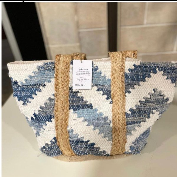 Blue & White Chevron Jute Tote