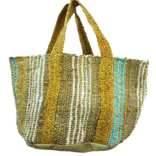 Turquoise and Cream Striped Jute Tote