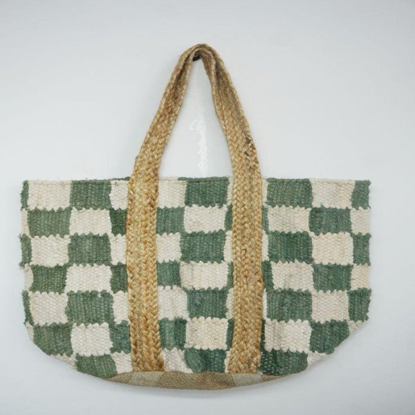 Green Checkerboard Jute Shag Tote