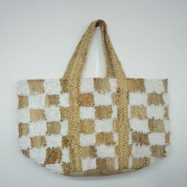 Checkerboard Jute Shag Tote