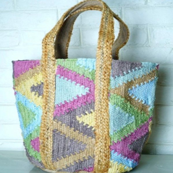 Multicolor Geometric Kilim Jute Tote