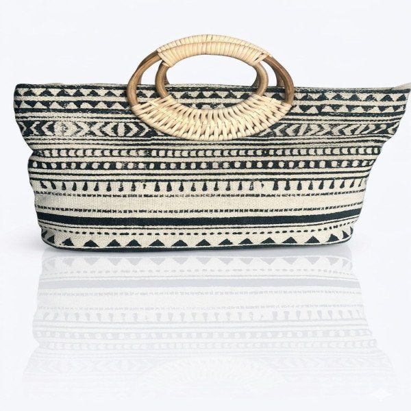 Monochrome Tribal Rattan-Handle Tote