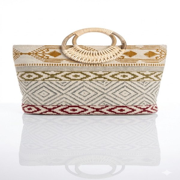 Geometric Patchwork Wicker-Handle Tote